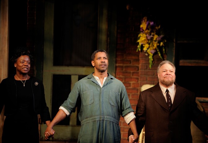 NEW YORK - APRIL 26:  Actors Viola Davis, Denzel Washington and Stephen McKinley Henderson take a bow during the curtain call for the Broadway Opening of "Fences" at the Cort Theatre on April 26, 2010 in New York City.  (Photo by Jemal Countess/Getty Images)