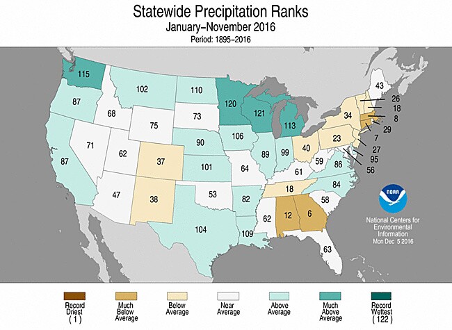 California has gotten above average precipitation since January 2016. The ranking, 87, means 2016 is the 35th wettest year since NOAA began keeping track in 1895.