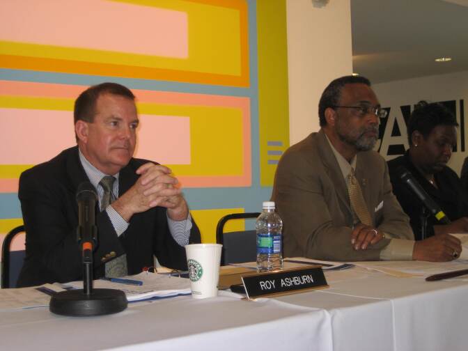 California State Senators Roy Ashburn and Curren Price at a public hearing of the Joint Legislative Committee on the Arts in Culver City.  