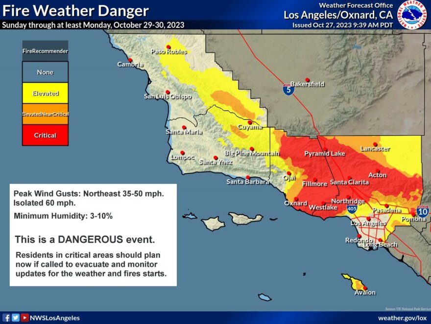 A graphic showing a map colored in red, yellow and orange, indicating different levels of fire danger