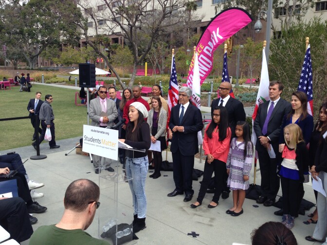 Vergara vs. California plaintiff, Elizabeth Vergara speaks during a lunch break news conference during the closing arguments of the trial in Los Angeles.