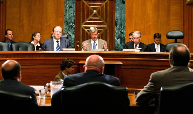 WASHINGTON - SEPTEMBER 06: (L-R) Sen. John D. Rockefeller (D-WV), Sen. Max Baucus (D-MT) and Sen. Chuck Grassley (R-IA) listen to testimony from (R-L) Alan Auerbach, director of the Center for Tax Policy and Public Finance at the University of California,  Russell Read, chief investment officer with the California Public Employees Retirement System, and Donald Trone, president of the Foundation for Fiduciary Studies during a Senate Finance Committee hearing on Capitol Hill September 6, 2007 in Washington DC. The hearings focus is on issues related to the taxation of carried interest income received by some investment fund managers.  (Photo by Mark Wilson/Getty Images)