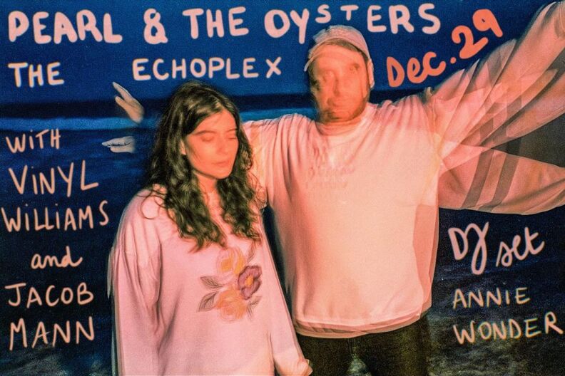 A stylized image reading 'Pearl & The Oysters' above a woman with dark, curly hair and a man wearing a hat with arms outstretched.