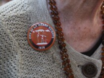 A button worn by Judy Hathaway-Francis in La Habra Heights. January 31, 2015. 