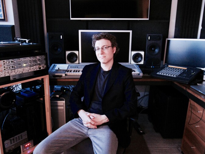 Composer Nicholas Britell in his studio. 