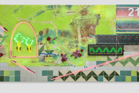 An abstract painting with lots of greens by artist Patrick Martinez. 