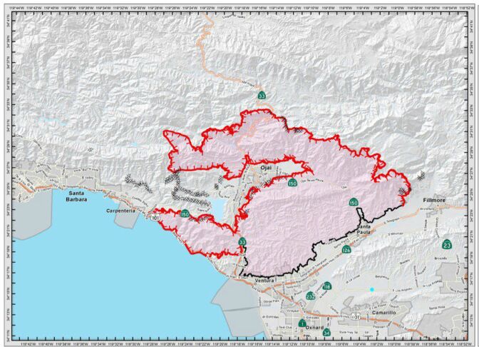 A map of the Thomas Fire's progression in Ventura and Santa Barbara counties, midday Sunday, Dec. 10, 2017.