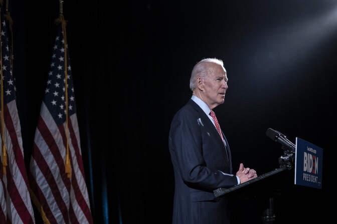 WILMINGTON, DE - MARCH 12: Democratic presidential candidate former Vice President Joe Biden delivers remarks about the coronavirus outbreak, at the Hotel Du Pont March 12, 2020 in Wilmington, Delaware.  Health officials say 11,000 people have been tested for the Coronavirus (COVID-19) in the U.S. (Photo by Drew Angerer/Getty Images)