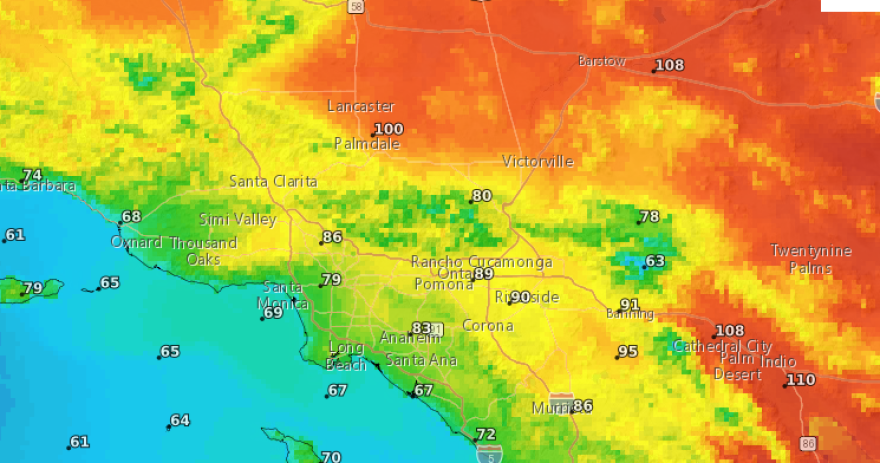 A geothermal map of SoCal in shades of orange, green and yellow with white numbers over different cities.
