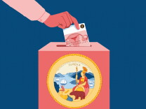 Graphic of a person's hand placing a ballot in a ballot box decorated with the California state seal; the ballot has a graphic of the California constitution and a uterus and is labeled with the number one