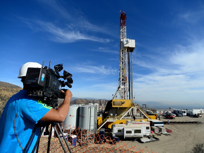 Crews from SoCalGas and outside experts work on a relief well at the Aliso Canyon facility above Porter Ranch on Dec. 9, 2015. Once the relief well is connected to the leaking well, SoCalGas will pump fluids and cement into the bottom of the leaking well to stop the flow of gas and permanently seal the well.