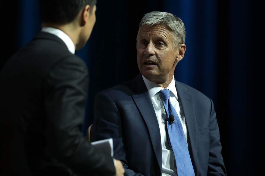 LAS VEGAS, NV - AUGUST 12:  Libertarian presidential nominee Gary Johnson (R) speaks to moderator Richard Lui (L) of MSNBC during a 2016 Presidential Election Forum, hosted by Asian and Pacific Islander American Vote (APIAVote) and Asian American Journalists Association (AAJA), at The Colosseum at Caesars Palace August 12, 2016 in Las Vegas, Nevada. The forum provided an opportunity for presidential candidates or their representatives to speak to Asian voters directly.  (Photo by Alex Wong/Getty Images)