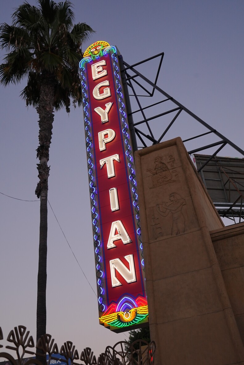 Looking up at a red vertical neon sign that read Egyptian in letters with a palm tree looming in the background.