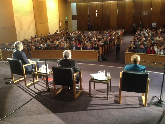 LA Supervisors candidates Bobby Shriver, left, and Sheila Kuehl, right, hold their final debate Wednesday night at Valley Beth Shalom in Encino.