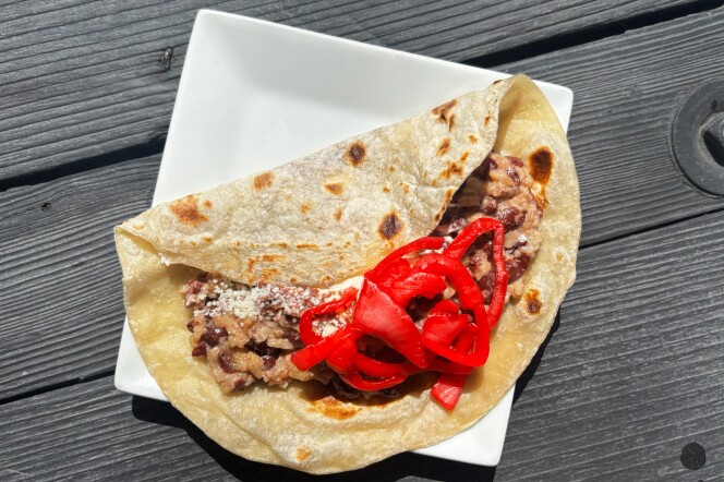 A Honduran baleada on a white plate, filled with mashed beans, sprinkled cheese, and topped with bright pickled red onions, all wrapped in a warm flour tortilla.