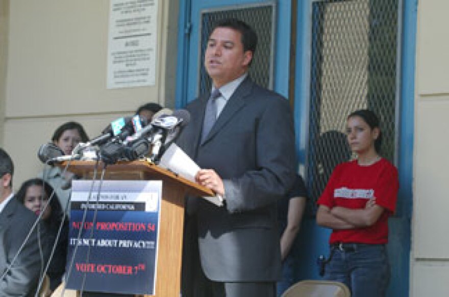 File photo: Jose Huizar at a news conference to oppose Proposition 54 outside Garfield High School September 8, 2003 in Los Angeles.