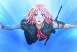 An animated person seems to float through water with arms outstretched behind them. They have pink hair, a red scarf around their neck, and are carrying a sword on their belt.