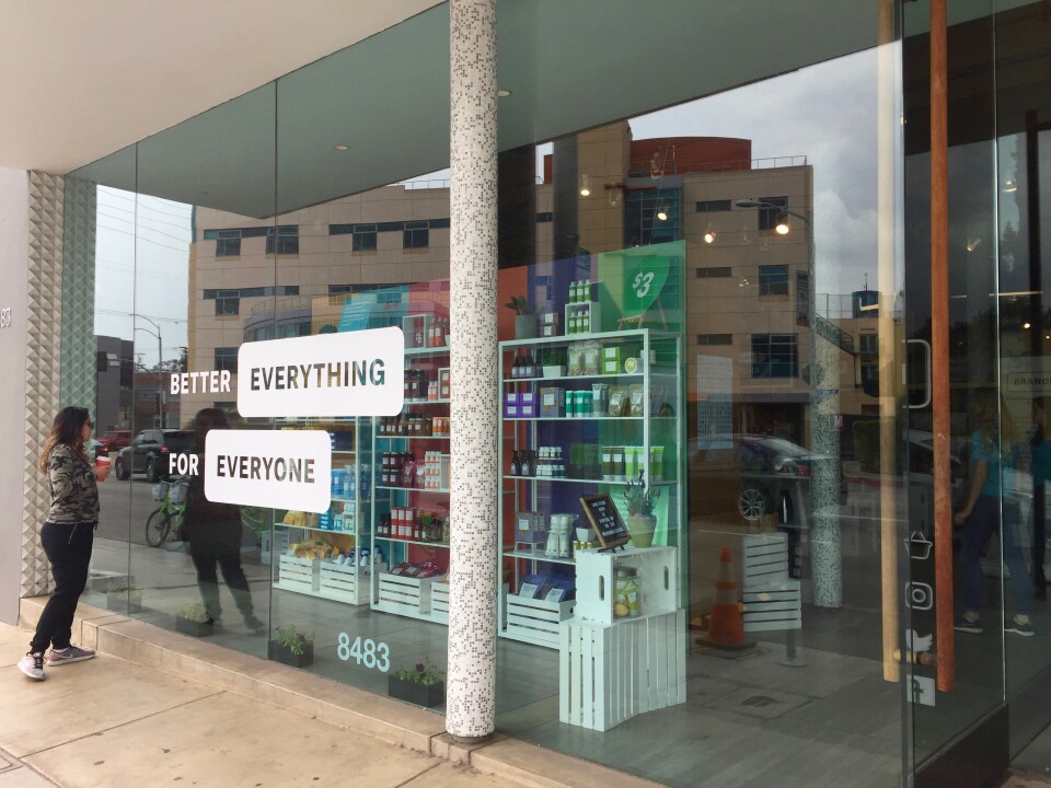 West Hollywood resident Shantel Zorilla stops and looks inside the Brandless pop-up on April 30, 2018.