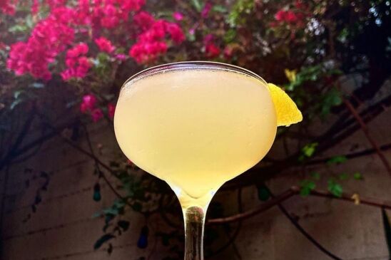 A yellow cocktail in a coupe glass is posed on a table outdoors, with pink flowers from a bush that's spreading over top a wall visible in the background.