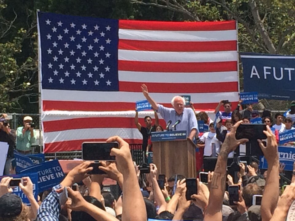 Senator Bernie Sanders addresses a crowd in Lincoln Park during a rally on May 23, 2016. (Photo provided by Megan Razzetti.)