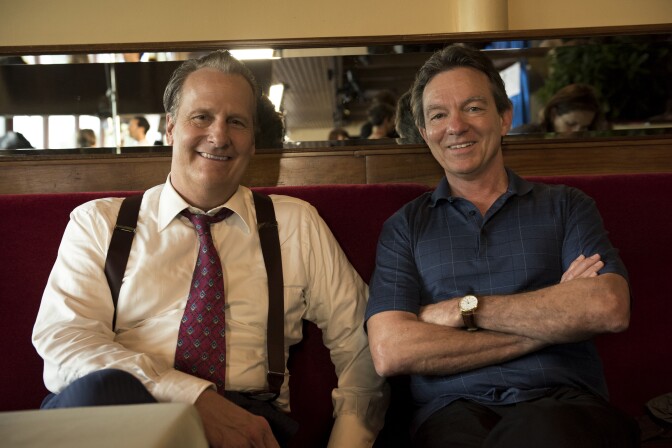 THE LOOMING TOWER -- "Tuesday" - Episode 109 - The CIA becomes aware that Hazmi and Mihdhar are gone and must relay that to the FBI. O’Neill accepts a job as head of security at the World Trade Center. Soufan is sent back to Yemen. Hazmi, Mihdhar and Atta head to Vegas for a final indulgence. Behind the scenes with John O?Neill (Jeff Daniels) and Lawrence Wright, shown. (Photo by: JoJo Whilden/Hulu)