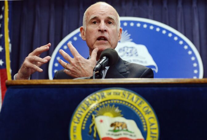 File: California Gov. Jerry Brown at a Los Angeles news conference in 2012.