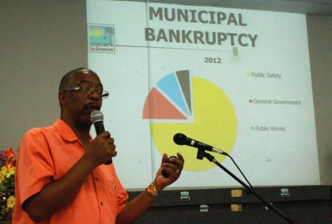 San Bernardino Councilman Rikke Van Johnson explains municipal bankruptcy process at a town hall meeting last week. 