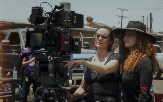 Director Alma Har'el (R) on the set of "Honey Boy."