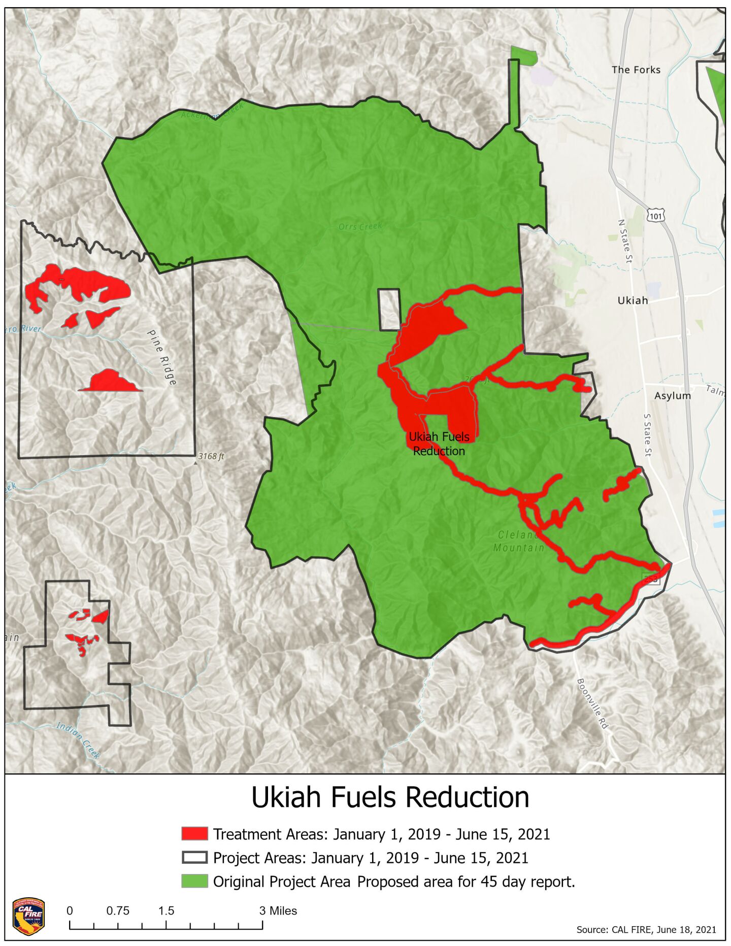 A topographical map of the Ukiah Fuels Reduction shows A large area in green with a fraction in red indicating where treatment took place.