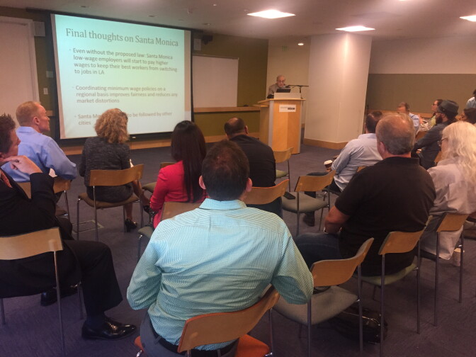 Business owners attend a presentation on a potential minimum wage hike in Santa Monica at the Santa Monica Public Library (August 12, 2015)