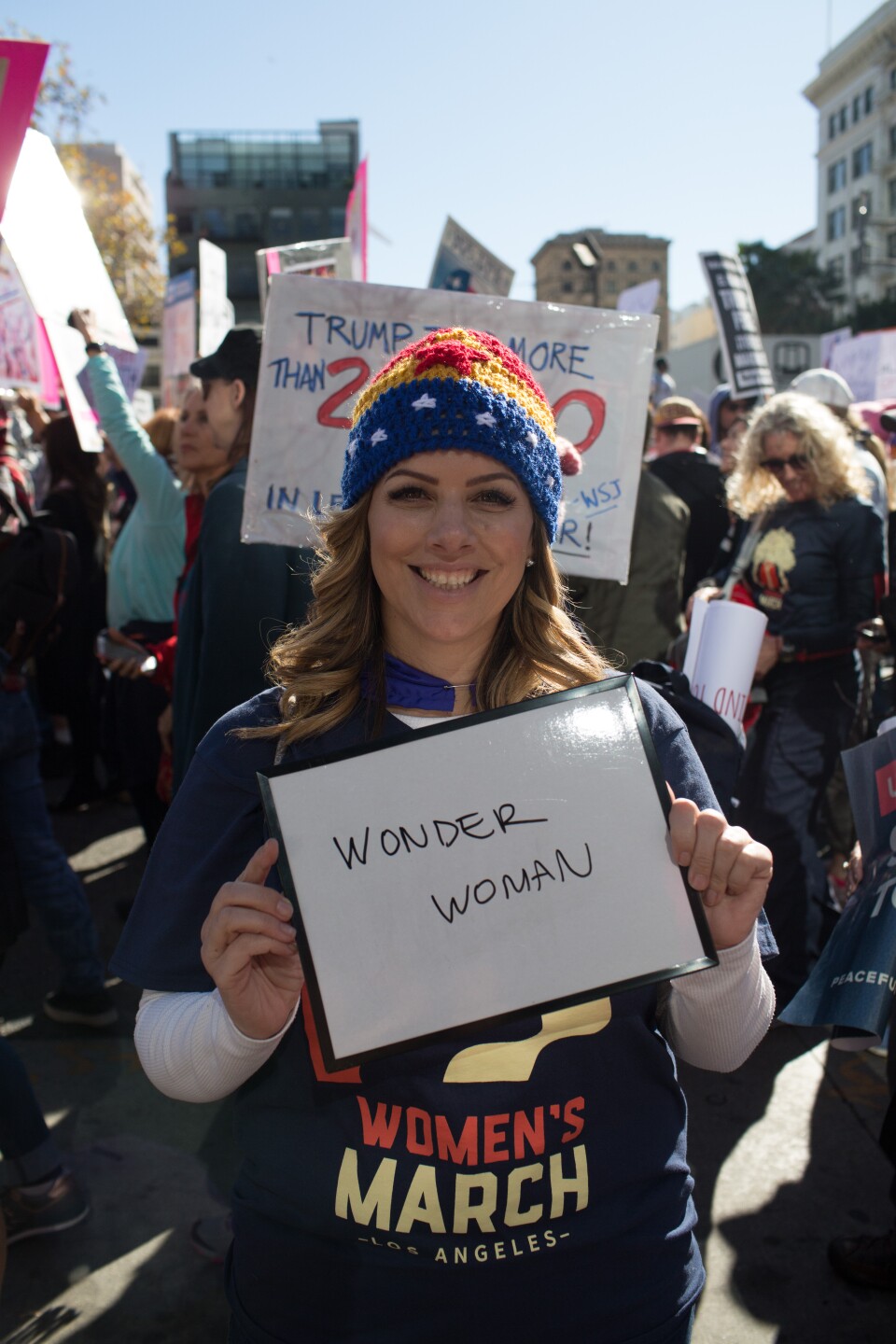 Samantha Thompson, 42, from Ojai. I chose Wonder Woman because she is both strong and powerful. January 20, 2018 at Downtown Los Angeles, California. (James Bernal for KPCC)