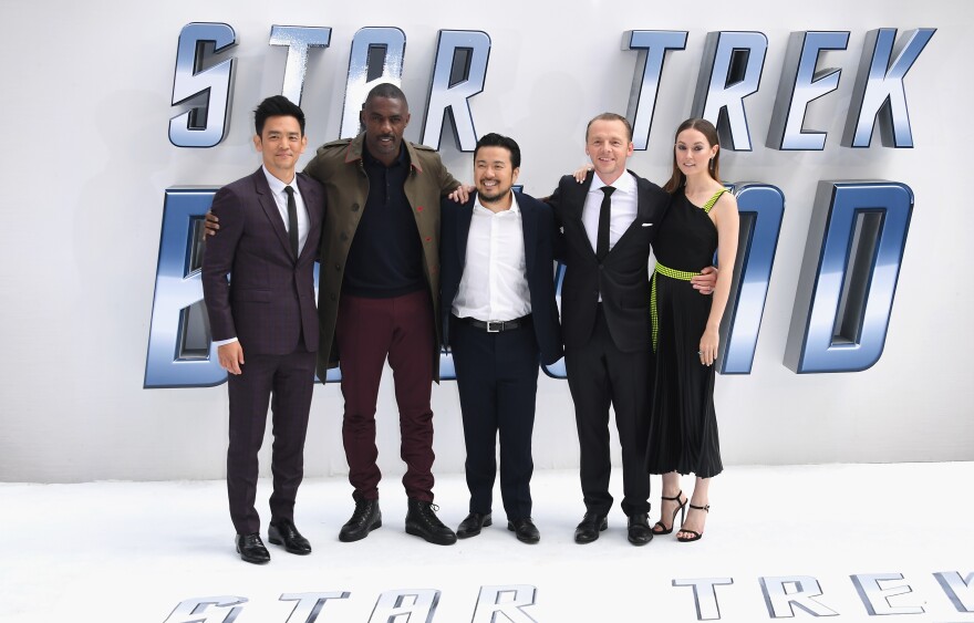 John Cho, Idris Elba, Justin Lin, Simon Pegg and Lydia Wilson arrive for the UK premiere of "Star Trek Beyond" at Empire Leicester Square on July 12, 2016 in London, UK. 