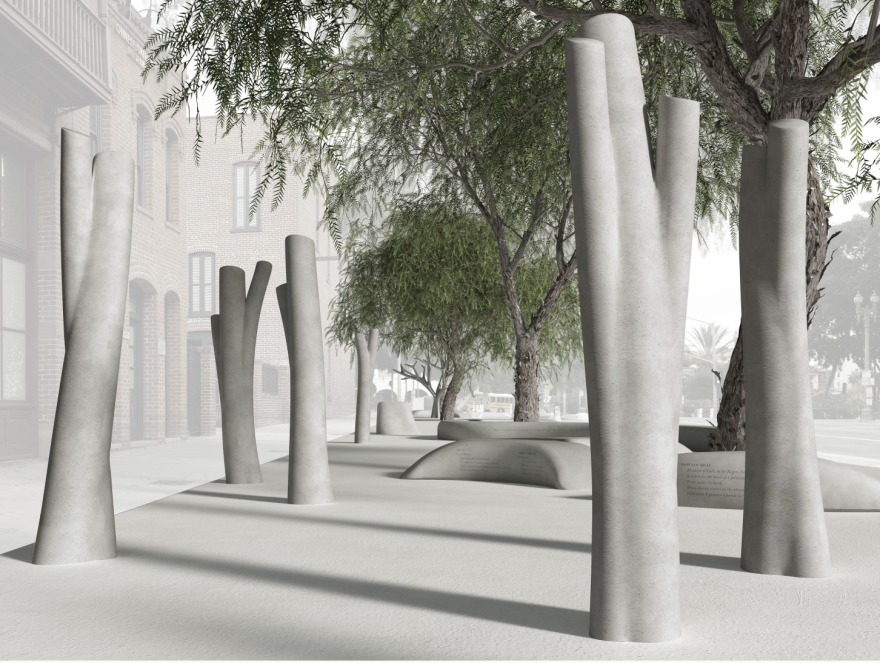 An artist's rendering of a memorial made up of several sculptures resembling tree trunks, located among pepper trees.
