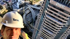 Off-Ramp host John Rabe on the 69th floor of the Wilshire Grand in Downtown Los Angeles