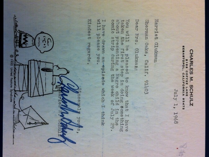 Good news from Charles Schulz, announcing the debut of Franklin, a black character in Peanuts.
