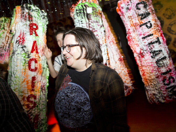 Words like "racism" and "capitalism" are spray-painted onto punching bags representing tampons inside a room at KillJoy's Kastle: A Lesbian Feminist Haunted House on Friday, Oct. 16, 2015 in West Hollywood. The haunted house is open 10 days during October, however it will not be open on Halloween.