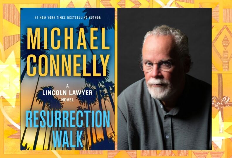 Side-by-side photographs: The image on the left is of a book cover, entitled "Resurrection Walk" by Michael Connelly. The image on the right is off the author, wearing a dark gray buttoned shirt. The images are set against a festive gold background accented with images of stars, gift boxes and ribbons.