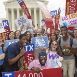 Supporters rally in front of the Supreme Court after the court's announcment of the decision affirming the Affordable Care Act on  June 25, 2015, in Washington, DC. US President Barack Obama on Thursday hailed the Supreme Court's decision to uphold his legacy-gilding health care law, casting the ruling as a victory for Americans, not just him. "Today is a victory for hard-working Americans all across this country, whose lives will continue to become more secure in a changing economy because of this law," he said, in a White House address. AFP PHOTO/PAUL J. RICHARDS        (Photo credit should read PAUL J. RICHARDS/AFP/Getty Images)