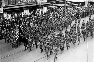 Doughboys march in a 1948 Armistice Day parade through downtown L.A. As the L.A. Public Library caption notes without elaboration: The soldiers were more restrained and orderly than the civilians.