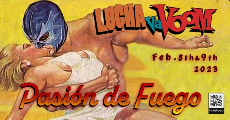 A vintage poster of a masked Mexican wrestler kissing a woman passionately.