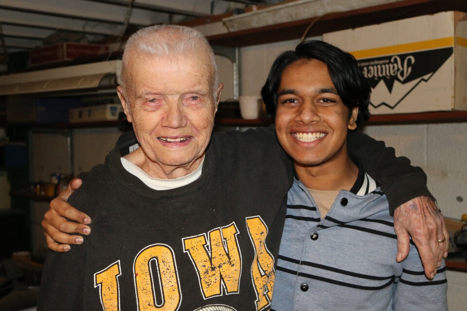 Rishi Sharma with Lester Cook. Cook, a WWII Army Ranger, saw heavy combat.