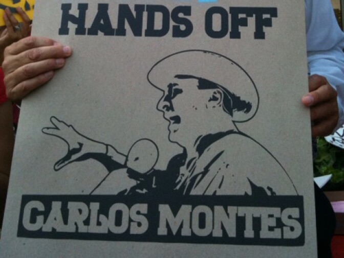 Supporters of activist Carlos Montes protested outside the L.A. County courthouse in Alhambra.