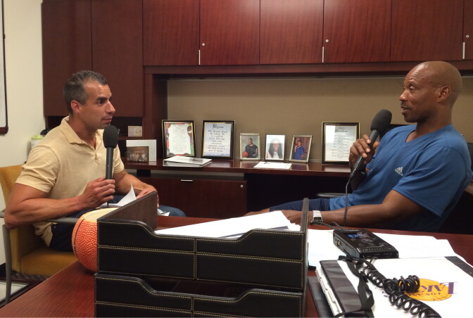 A Martinez interviews Lakers' head coach Byron Scott, in his office, ahead of the 2014-2015 season.