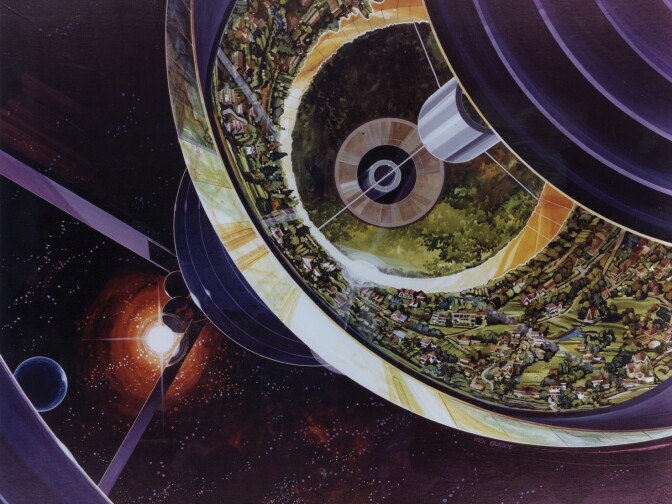 A view inside the inhabited part of the Bernal sphere colony. Guidice's backgrounds show a fanciful view of space: “Nebulae pictures always intrigued me, so I did a painting one time using a very active, exciting background, and it was received real well. In actuality the blackness of space is absolute, where I just threw these more romantic nebulae type images into the context. As an artist I couldn’t help myself. And nobody said not to do it, so away we went.”