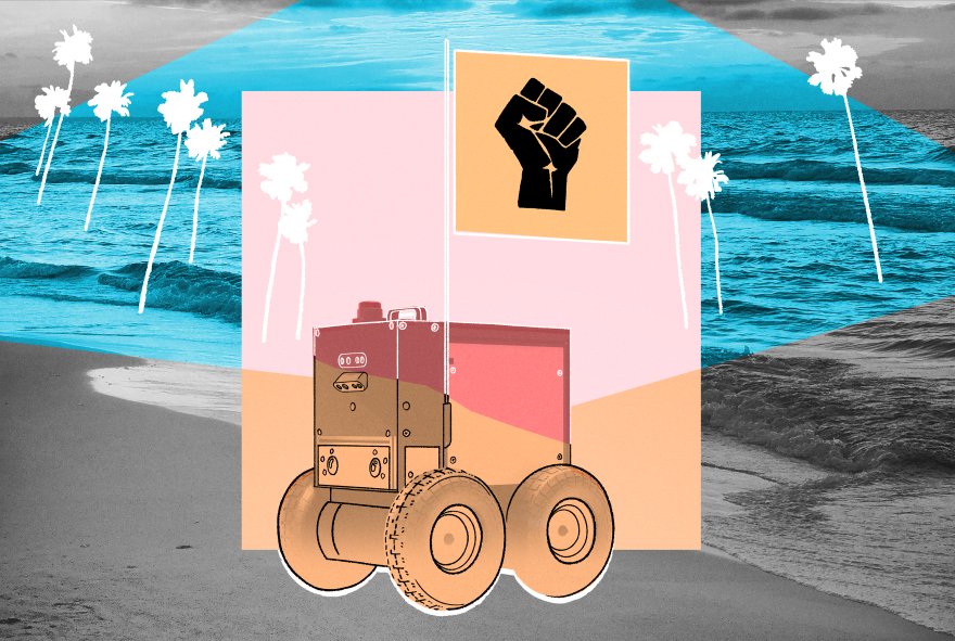 a drawing of a boxy robot with wheels beneath a drawing of an upraised fist set against a backdrop photo of the ocean and palm trees