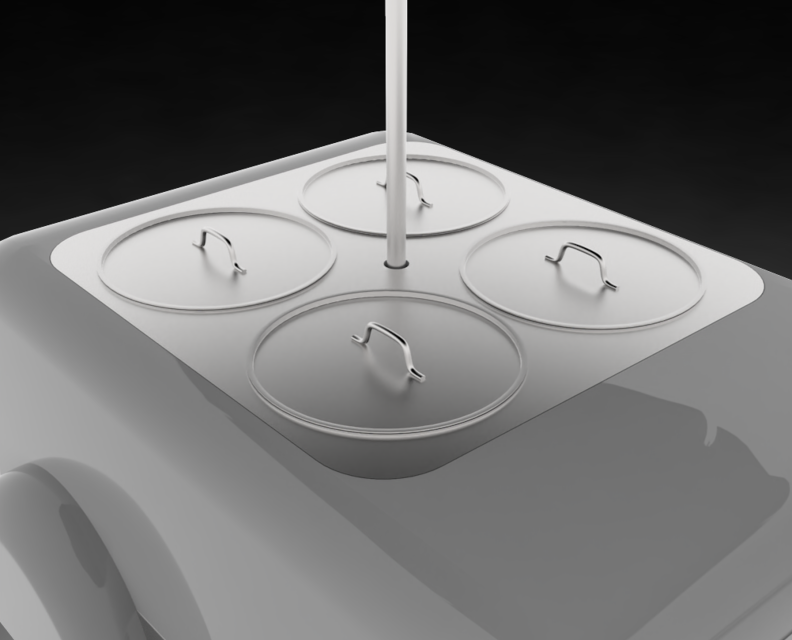 Four pot lids are situated around a center umbrella pole in a detail rendering of the tamal cart.