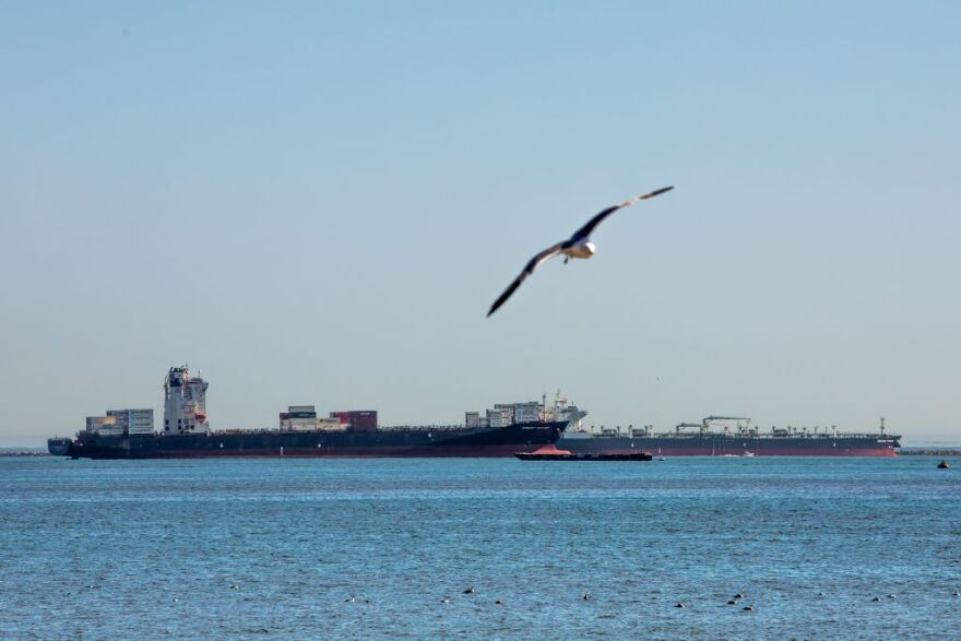 An oil tanker and a cargo ship are seen anchored off the coast of Long Beach, California, on April 24, 2020. - According to a news release issued by the United States Coast Guard, there were 27 tankers off the Southern California coast as of April 23 afternoon. Companies are using the tankers to store excess supplies of crude oil due to lack of demand during the novel coronavirus pandemic, US media reported. (Photo by Apu GOMES / AFP) (Photo by APU GOMES/AFP via Getty Images)