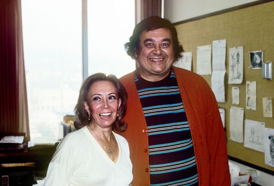 June Foray and comic strip letterer Shel Dorf at Chuck Jones studio in Los Angeles, 1978.