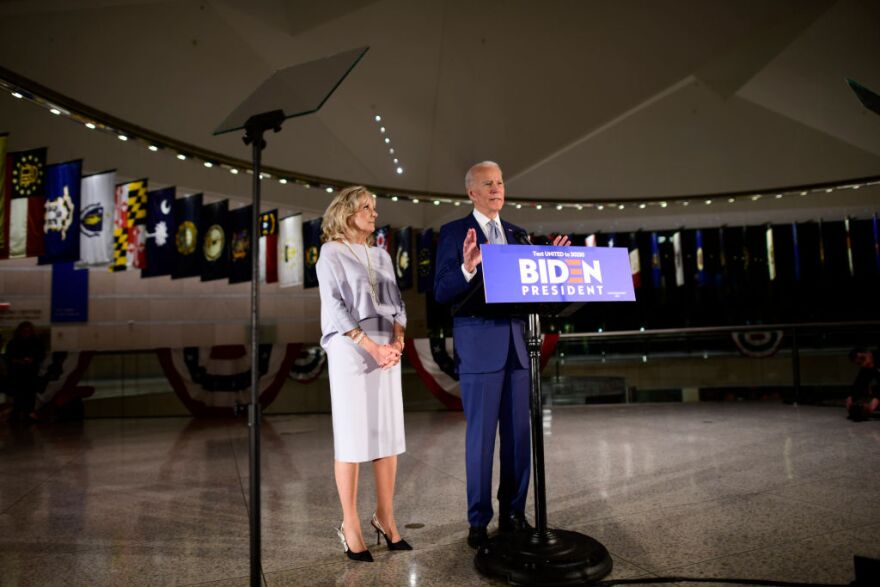 PHILADELPHIA, PA - MARCH 10:  Democratic Presidential candidate former Vice President Joe Biden addresses the media and a small group of supporters with his wife Dr. Jill Biden during a primary night event on March 10, 2020 in Philadelphia, Pennsylvania. Six states - Idaho, Michigan, Mississippi, Missouri, Washington, and North Dakota held nominating contests today.  (Photo by Mark Makela/Getty Images)