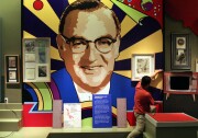 Adrian Ortiz puts on some of the final touches to one of the exhibits of former California Gov. Pat Brown at the California State Archives and the California State Museum for History, Women and the Arts in Sacramento, Calif., Monday April 18, 2005. The exhibit included documents and artifacts from Pat Brown's from the state archives collection.